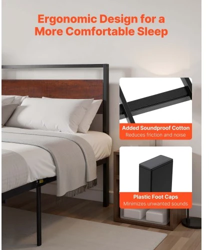 VEVOR Lovos rėmas Queen size, 35 cm, juodas metalinis platforminis lovos rėmas su retro rudos spalvos medine galvūgaliu ir kojūgaliu