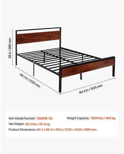 VEVOR Lovos rėmas Queen size, 35 cm, juodas metalinis platforminis lovos rėmas su retro rudos spalvos medine galvūgaliu ir kojūgaliu