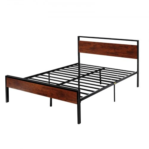 VEVOR Lovos rėmas Queen size, 35 cm, juodas metalinis platforminis lovos rėmas su retro rudos spalvos medine galvūgaliu ir kojūgaliu