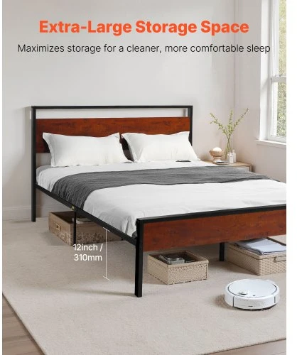 VEVOR Lovos rėmas Queen size, 35 cm, juodas metalinis platforminis lovos rėmas su retro rudos spalvos medine galvūgaliu ir kojūgaliu