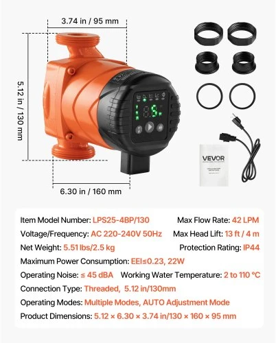 VEVOR LPS25-4BP/130 cirkuliacinis siurblys, 42 l/min, 4 m pakėlimo aukštis, ketaus, srieginė jungtis