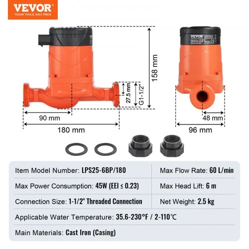 VEVOR LPS25-6BP-180 karšto vandens recirkuliacinis siurblys, 220 V, 45 W, 60 l/min, 1-1/2" sriegis