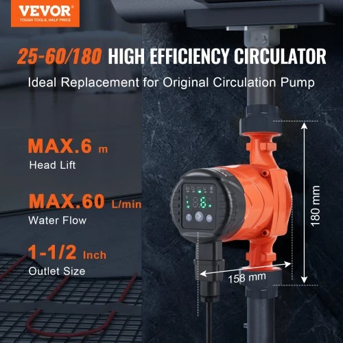 VEVOR LPS25-6BP-180 karšto vandens recirkuliacinis siurblys, 220 V, 45 W, 60 l/min, 1-1/2" sriegis