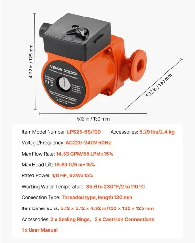 VEVOR LPS25-6S/130 ketaus cirkuliacinis siurblys, 93 W, 55 l/min