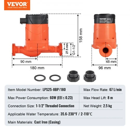 VEVOR LPS25-8BP-180 karšto vandens recirkuliacinis siurblys, 220 V, 60 W, 67 l/min, 38 mm (1,5") NPT