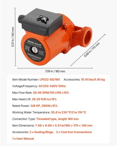 VEVOR LPS32-8S/180 ketaus cirkuliacinis siurblys, 3/8 HP, 220–240 V, 110 L/min