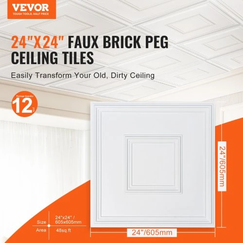 VEVOR Lubų plytelės, 12 vnt., 24 x 24 col., baltos geometrinės