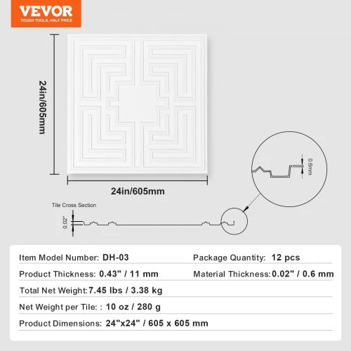 VEVOR Lubų plytelės, 12 vnt., 24 x 24 in, balta Echo rašto PVC plokštė