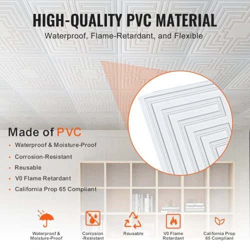 VEVOR Lubų plytelės, 12 vnt., 24 x 24 in, balta Echo rašto PVC plokštė