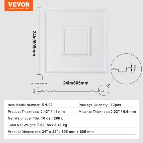 VEVOR Lubų plytelės, 12 vnt., 24 x 24 col., baltos geometrinės
