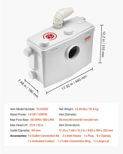 VEVOR Macerator pump, 1200 W, 180 l/min, 10 m, FLO1200