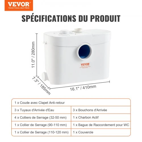 VEVOR Macerator pump FLO700, 700 W, 9600 l/h, 410 x 185 x 280 mm