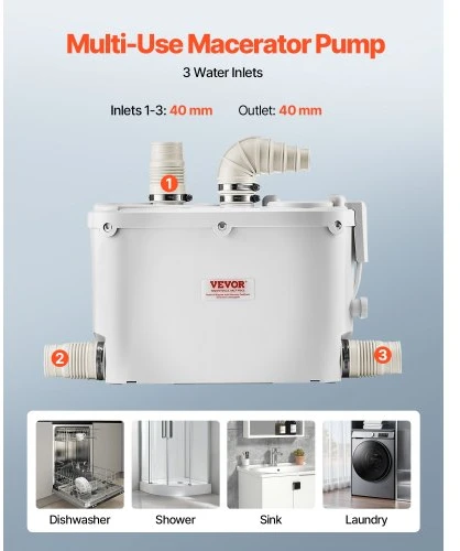 VEVOR Macerator pumpa FLO500-DE Pro, 500 W, 110 l/min, 8 m kėlimo aukštis