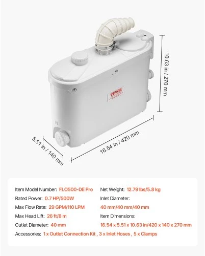 VEVOR Macerator pumpa FLO500-DE Pro, 500 W, 110 l/min, 8 m kėlimo aukštis