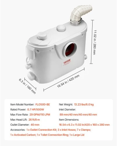 VEVOR Macerator siurblys FLO500-BE, 500 W, 110 l/min, 8 m pakėlimo aukštis