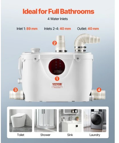VEVOR Macerator siurblys FLO500-BE, 500 W, 110 l/min, 8 m pakėlimo aukštis