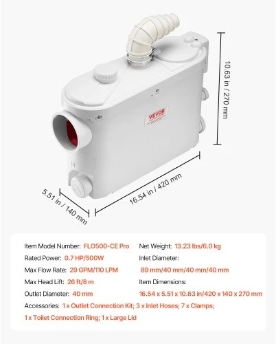 VEVOR Maceratorinis siurblys FLO500, 500 W, 6600 l/h, 8 m kėlimo aukštis