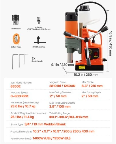 Koduva VEVOR magnetinė gręžimo staklė 1350 W, 50 mm, 12500 N, 0–800 aps./min, 8850E
