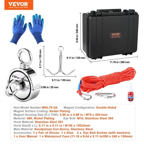 Koduva VEVOR magnetinės žvejybos rinkinys, dvipusiai magnetai, 544,3kg traukos jėga, 7,5 cm