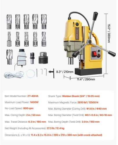 VEVOR Magnetinis grąžtas ZT-40HA, 1400 W, 11 karūninių grąžtų