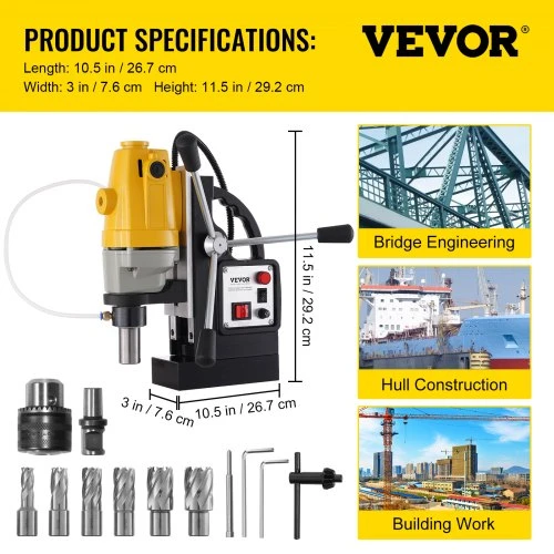 Koduva VEVOR magnetinis gręžtuvas 1100 W, 12000 N, su 6 vnt. HSS žiediniais grąžtais