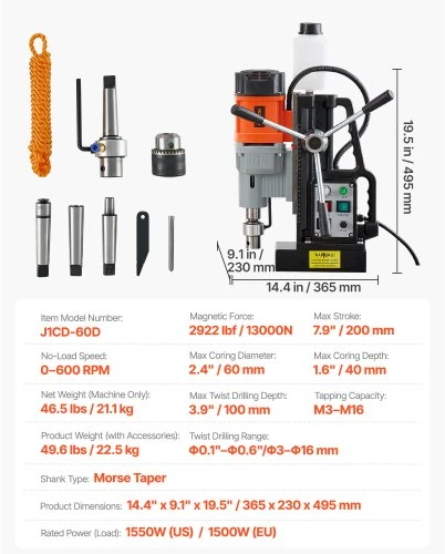Koduva VEVOR magnetinis gręžtuvas, 1500 W, 60 mm, M3-M16, 0–600 aps./min, J1CD-60D