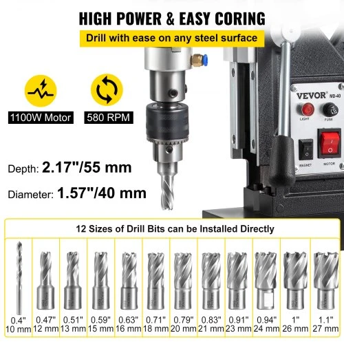 Koduva VEVOR magnetinis gręžtuvas VV-MD-UK12, 1100 W, 40 mm, 12 antgalių, 580 aps./min.