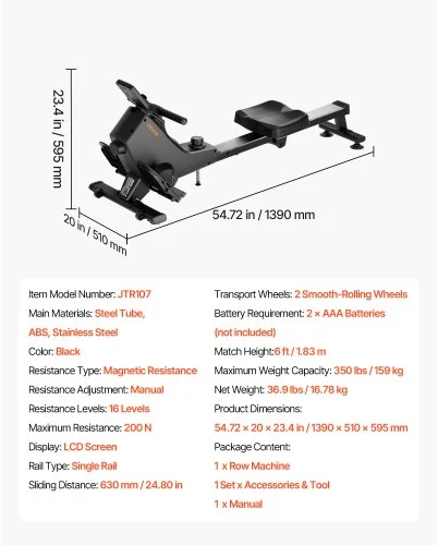 VEVOR Magnetinis irklavimo treniruoklis, 16 lygių, sulankstomas, Bluetooth programėlės suderinamumas, LCD ekranas, 158 kg