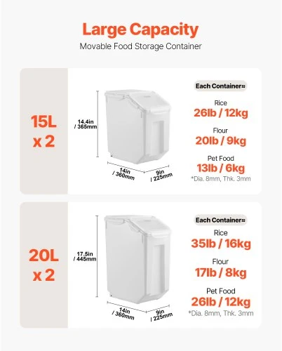 VEVOR Maisto laikymo indas, 4 vnt., 15 l x2 ir 20 l x2, su ratukais, 4 matavimo puodeliai, hermetiškas dangtis