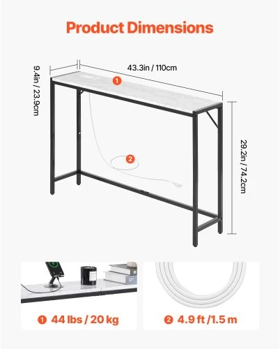 VEVOR Marmurinis konsolinis stalas, 110 x 23,9 x 74,2 cm, su maitinimo lizdu