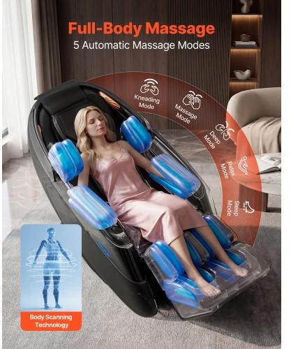 Sofa VEVOR Masažinė kėdė, 4D nulinės gravitacijos viso kūno, su pailginama pakoja, automatinėmis programomis ir Bluetooth garsiakalbiu