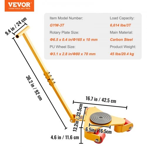 Koduva VEVOR mašinų vežimėlis, 3T / 6614 lbs, su rankena, plieno, su 3 pasukamais PU ratais