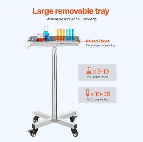 VEVOR Mayo stovas, nerūdijančio plieno medicininis padėklas ant ratukų, reguliuojamas 25,2"–39,8"