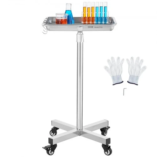 VEVOR Mayo stovas, nerūdijančio plieno medicininis padėklas ant ratukų, reguliuojamas 25,2"–39,8"
