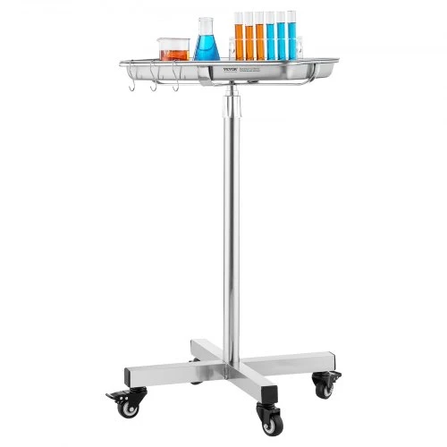 VEVOR Mayo stovas, nerūdijančio plieno medicininis padėklas ant ratukų, reguliuojamas 25,2"–39,8"