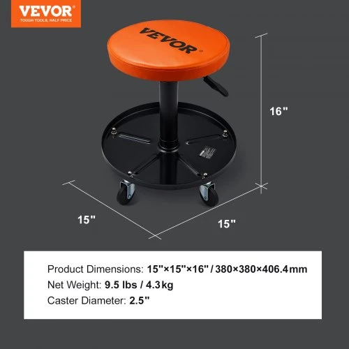 VEVOR Mechaniko kėdė, 113 kg, reguliuojamo aukščio 56–71 cm, su įrankių dėklu, juoda/oranžinė