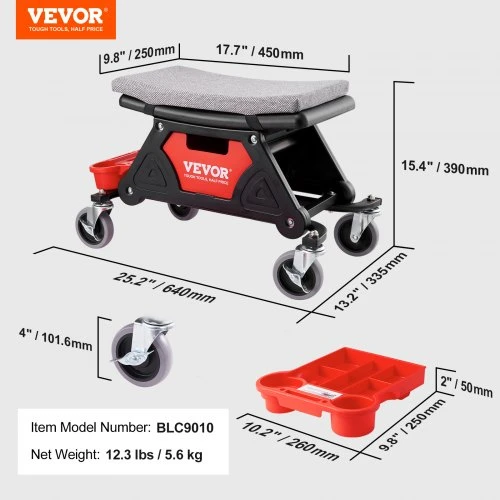 VEVOR Mechaniko taburetė, 136,1kg talpa, riedanti sėdynė su 10,2 cm ratukais, 3 ištraukiamais įrankių padėklais ir stalčiumi