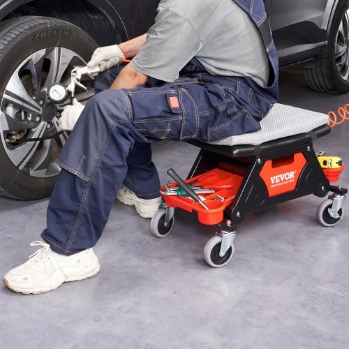 VEVOR Mechaniko taburetė, 136,1kg talpa, riedanti sėdynė su 10,2 cm ratukais, 3 ištraukiamais įrankių padėklais ir stalčiumi