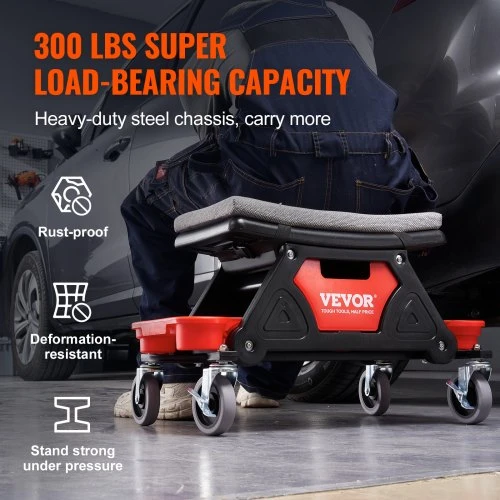 VEVOR Mechaniko taburetė, 136,1kg talpa, riedanti sėdynė su 10,2 cm ratukais, 3 ištraukiamais įrankių padėklais ir stalčiumi