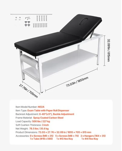 VEVOR Medicininė apžiūros kušetė, 227 kg apkrova, 0°–40° reguliuojamas atlošas, su lentyna ir popieriaus rulono laikikliu