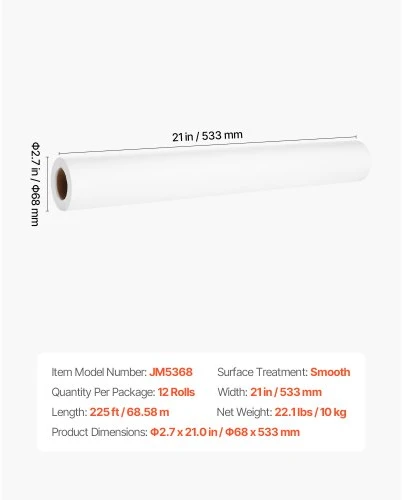 VEVOR Medicininis apžiūros stalo popierius, 21" x 225 ft, lygus, 12 vnt., baltas
