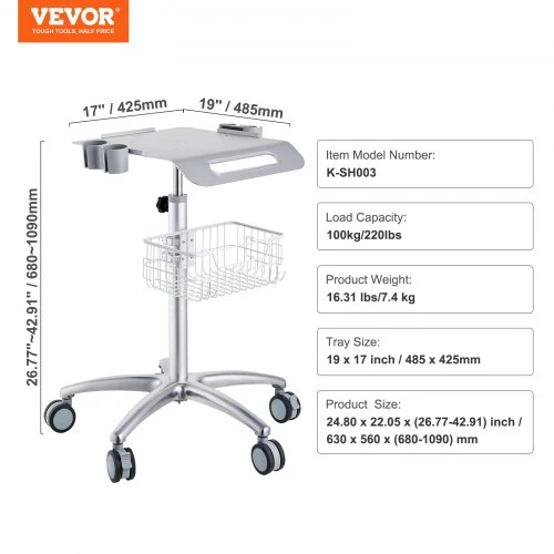 VEVOR Medicininis ir salonų vežimėlis su ratukais, 680–1090 mm reguliuojamas aukštis