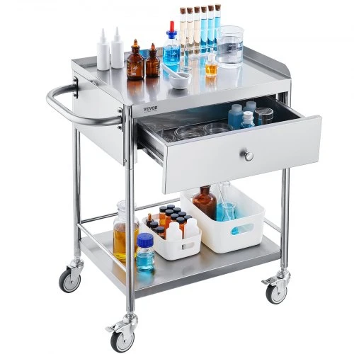 VEVOR Medicininis vežimėlis, 2 aukštų nerūdijančio plieno, su stalčiumi ir 360° tyliais ratukais