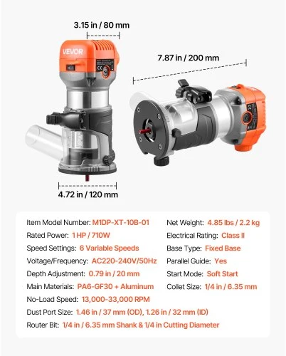 Koduva VEVOR medienos freza, 1 HP 710 W, kintamo greičio rankinė freza su minkštu paleidimu, fiksuotas pagrindas