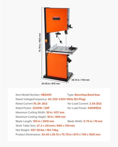 VEVOR Medienos juostinis pjūklas HBS450, 457 mm, 2240 W, 406 mm, ketaus stalas