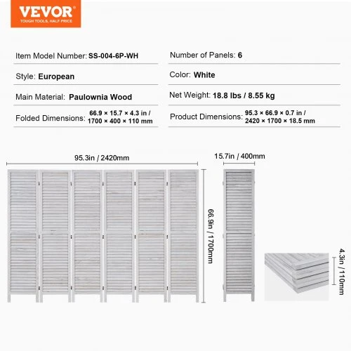 Koduva VEVOR medinė 6 panelių sulankstoma pertvara, 170 cm aukščio, balta