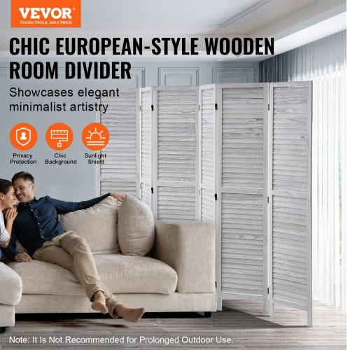 Koduva VEVOR medinė 6 panelių sulankstoma pertvara, 170 cm aukščio, balta