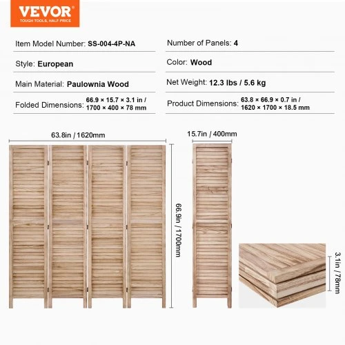 VEVOR Medinė kambario pertvara, 4 panelių sulankstoma privatumo širma, 1700 mm aukščio