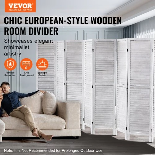 VEVOR Medinė kambario pertvara, 8 panelių sulankstoma privatumo širma, 1700 mm aukščio, balta