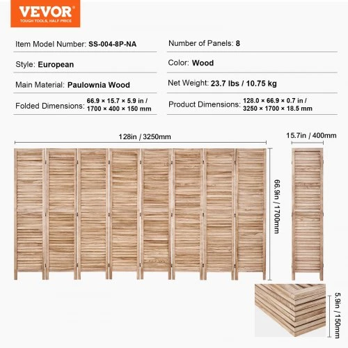 VEVOR Medinė kambario pertvara, 8 panelių sulankstoma privatumo širma, 170 cm, vidaus louverinė